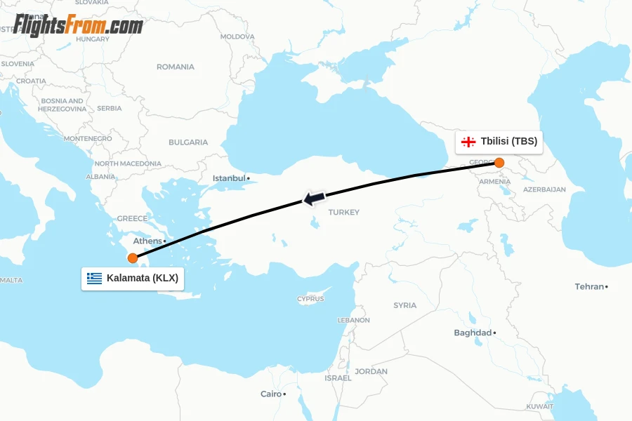 Flights from Tbilisi to Kalamata route map