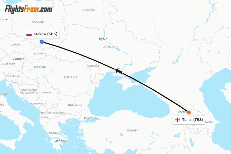 Flights from Tbilisi to Krakow route map