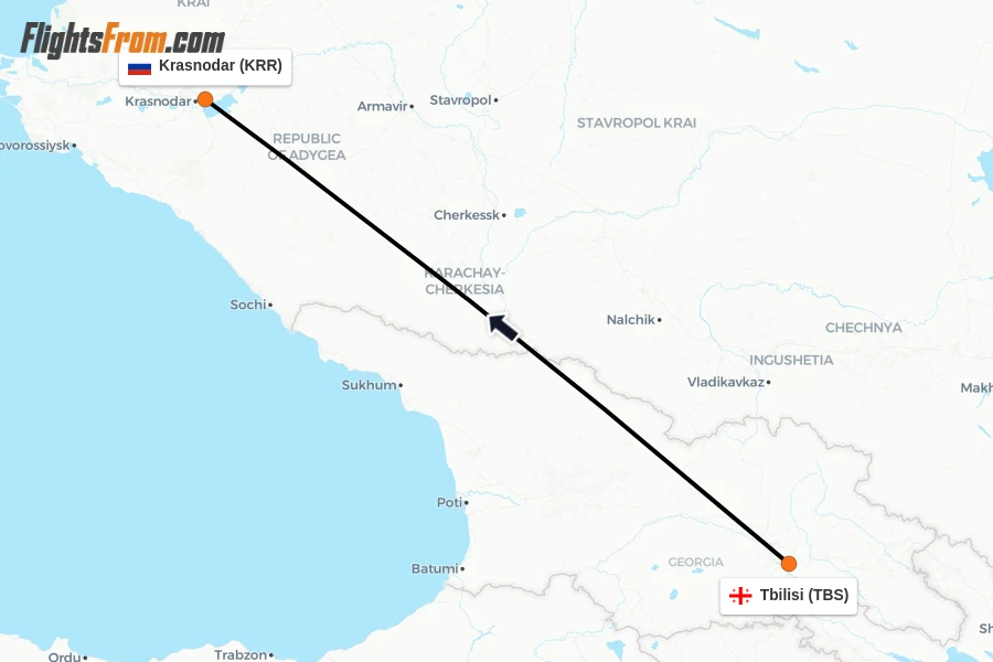 Flights from Tbilisi to Krasnodar route map