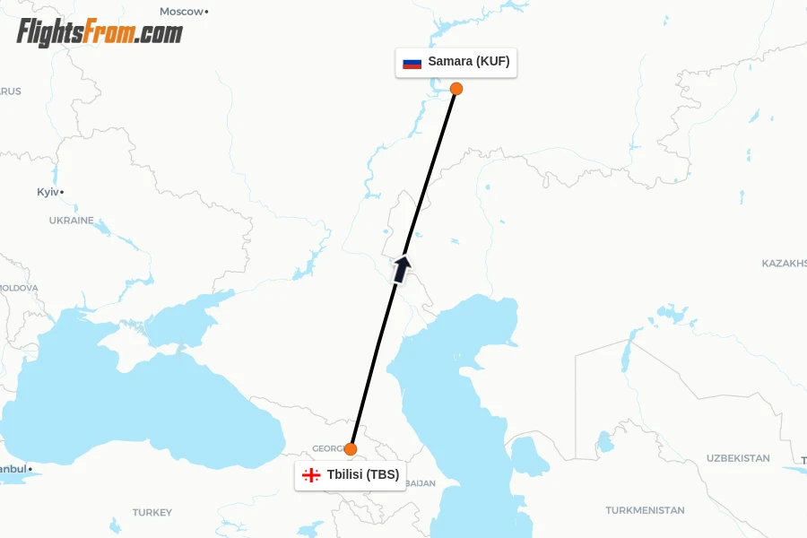 Flights from Tbilisi to Samara route map