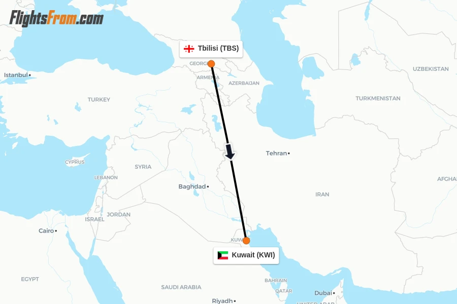 Flights from Tbilisi to Kuwait route map