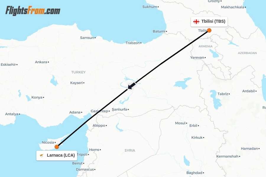Flights from Tbilisi to Larnaca route map