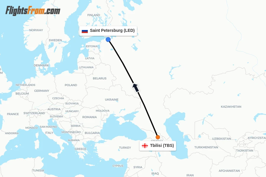 Flights from Tbilisi to Saint Petersburg route map
