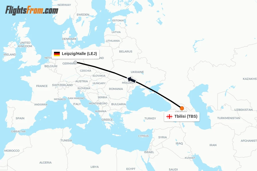 Flights from Tbilisi to Leipzig/Halle route map