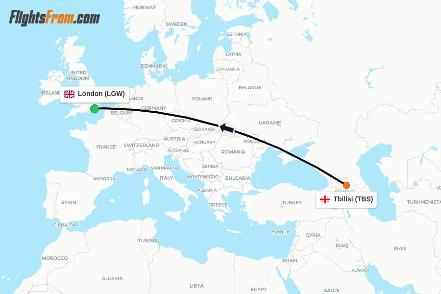Flights from Tbilisi to London route map