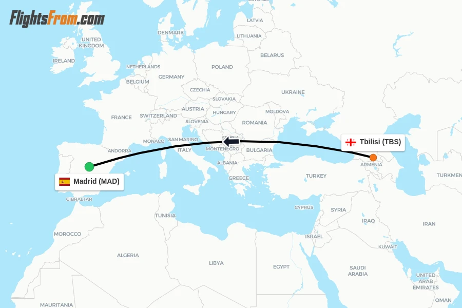 Flights from Tbilisi to Madrid route map
