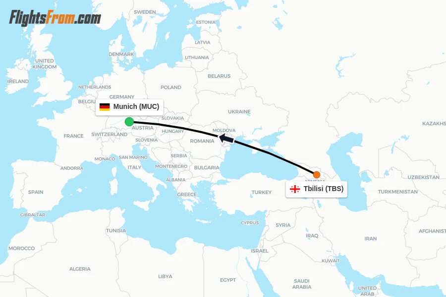 Flights from Tbilisi to Munich route map