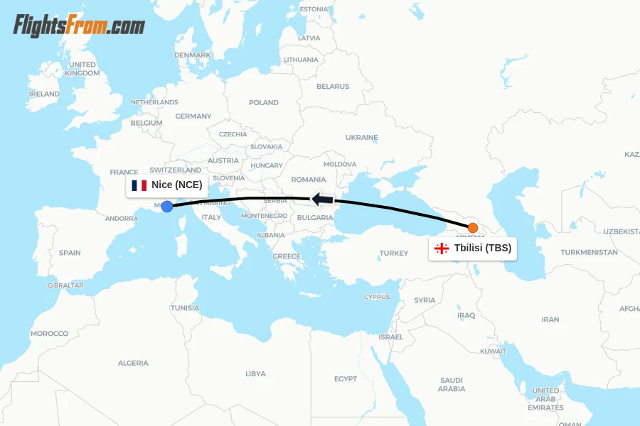 Flights from Tbilisi to Nice route map