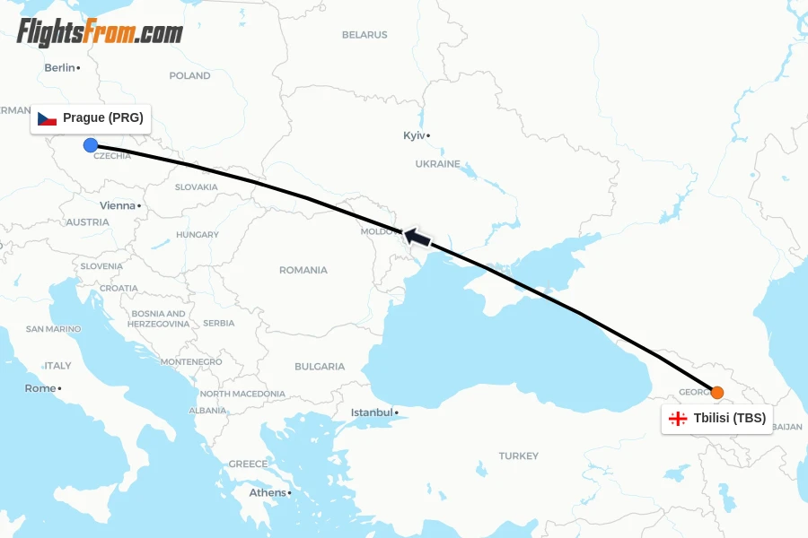 Flights from Tbilisi to Prague route map