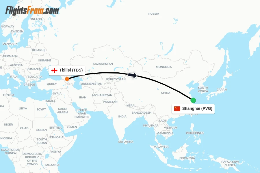 Flights from Tbilisi to Shanghai route map