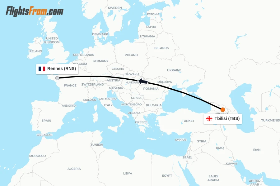 Flights from Tbilisi to Rennes route map