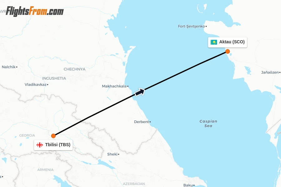 Flights from Tbilisi to Aktau route map
