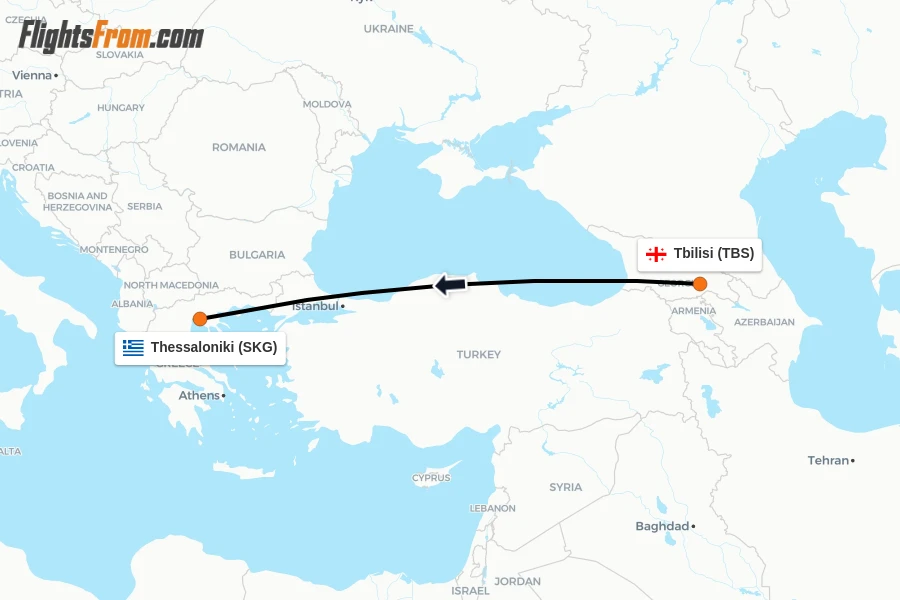 Flights from Tbilisi to Thessaloniki route map