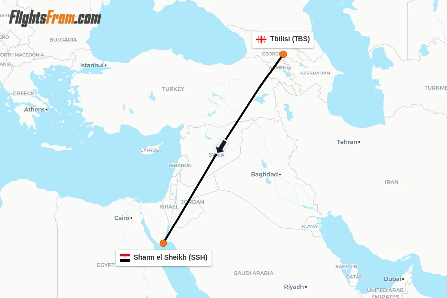 Flights from Tbilisi to Sharm el Sheikh route map