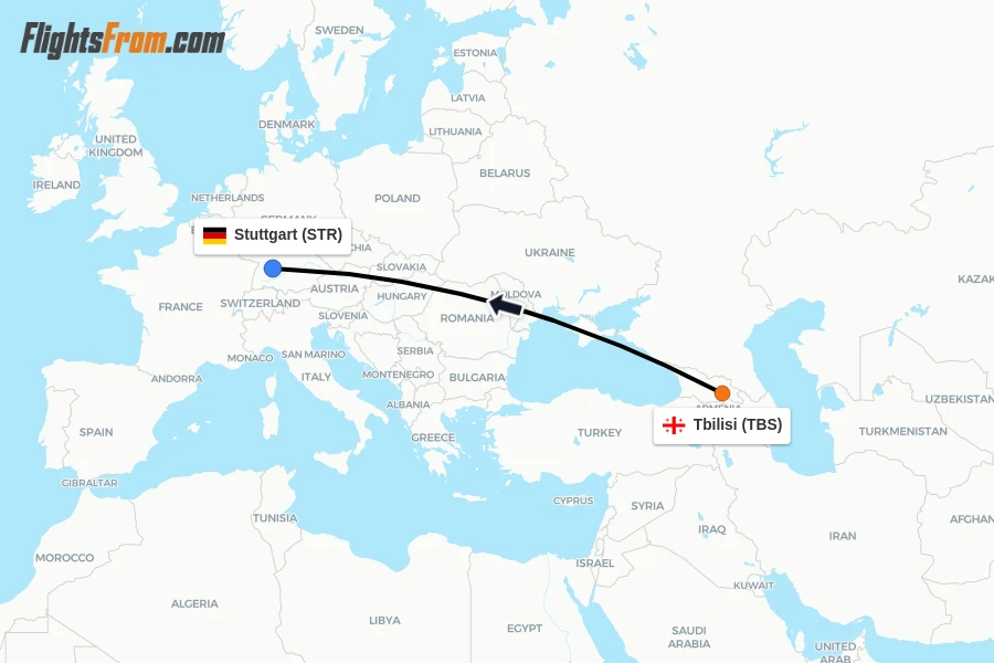 Flights from Tbilisi to Stuttgart route map