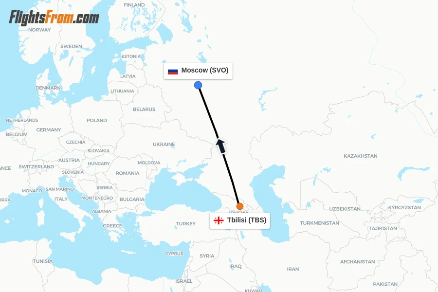 Flights from Tbilisi to Moscow route map