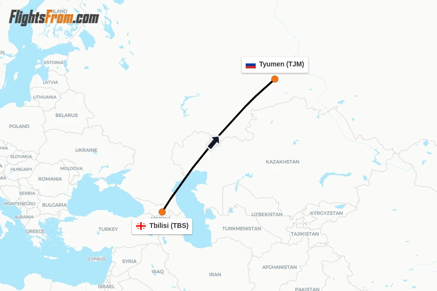 Flights from Tbilisi to Tyumen route map