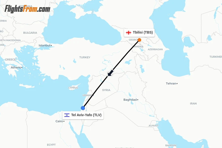 Flights from Tbilisi to Tel Aviv-Yafo route map