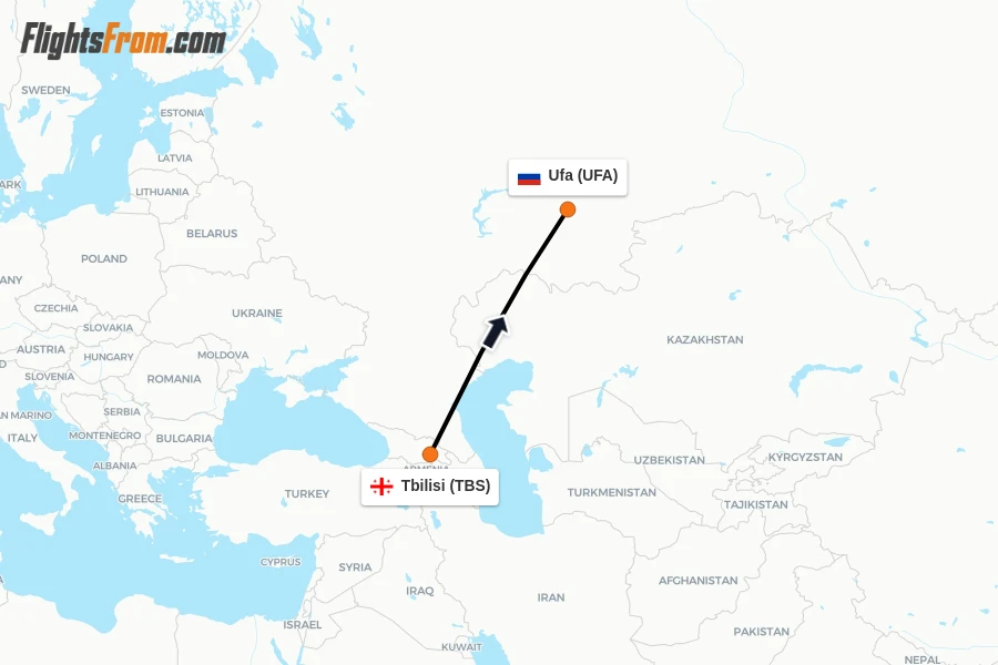 Flights from Tbilisi to Ufa route map
