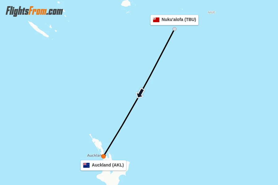 Flights from Nuku'alofa to Auckland route map