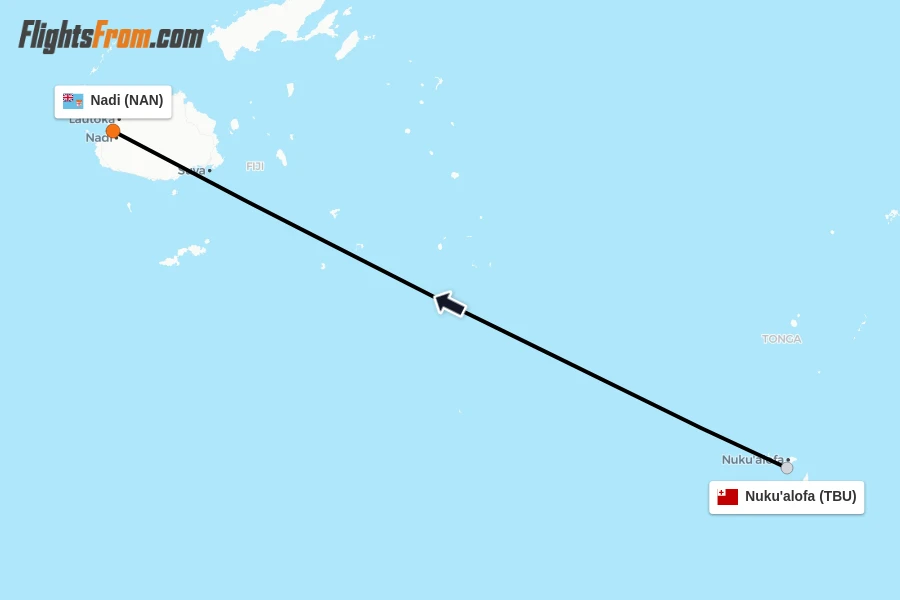 Flights from Nuku'alofa to Nadi route map