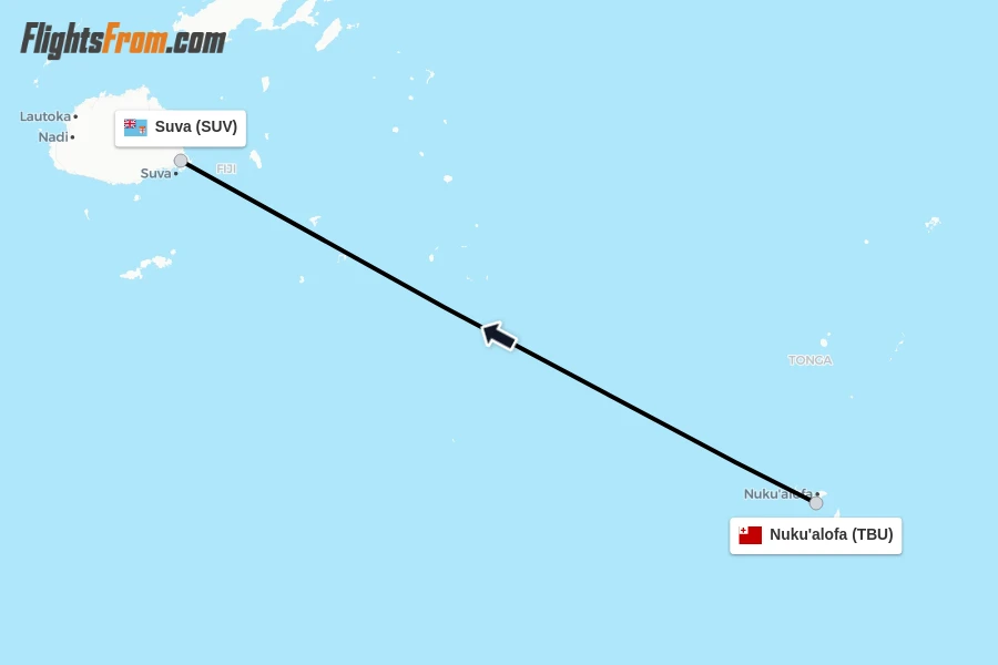 Flights from Nuku'alofa to Suva route map