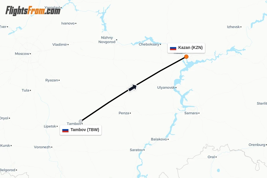 Flights from Tambov to Kazan route map