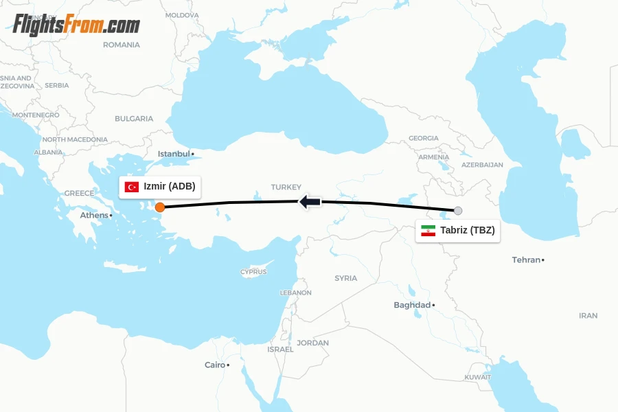 Flights from Tabriz to Izmir route map