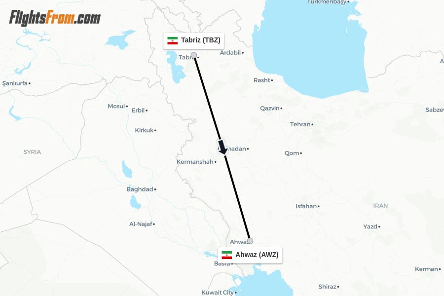 Flights from Tabriz to Ahwaz route map
