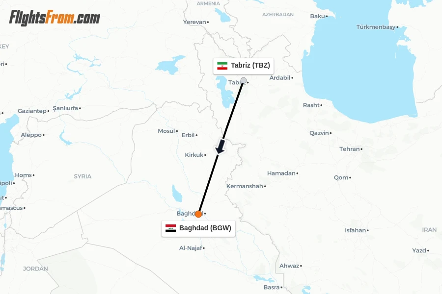 Flights from Tabriz to Baghdad route map