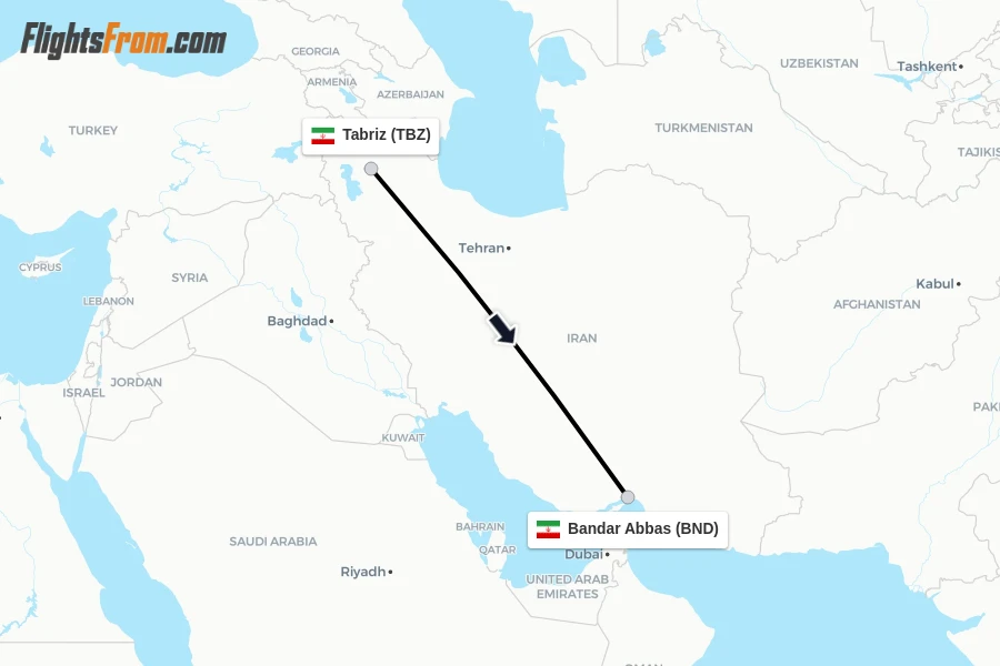 Flights from Tabriz to Bandar Abbas route map
