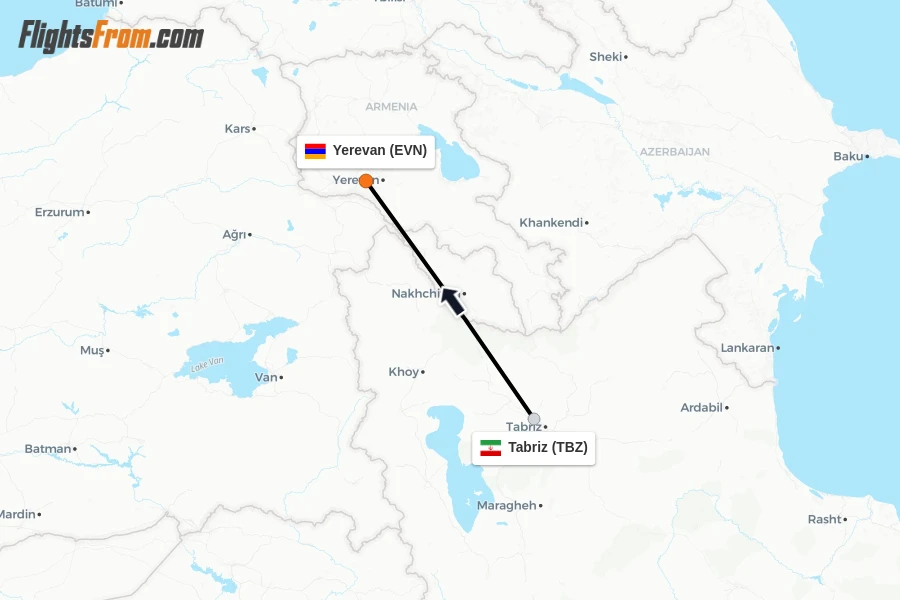 Flights from Tabriz to Yerevan route map