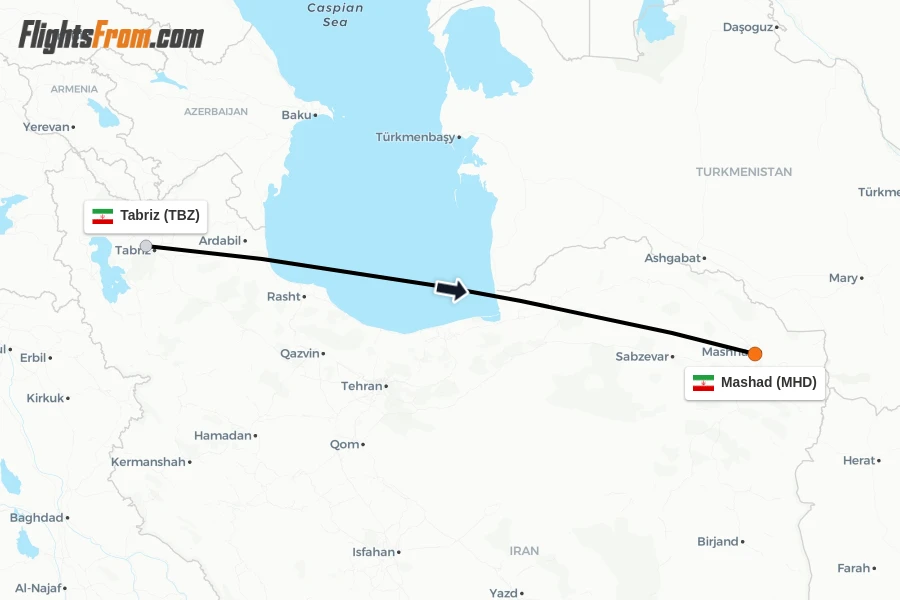 Flights from Tabriz to Mashad route map