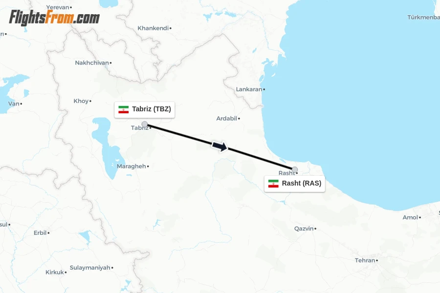 Flights from Tabriz to Rasht route map