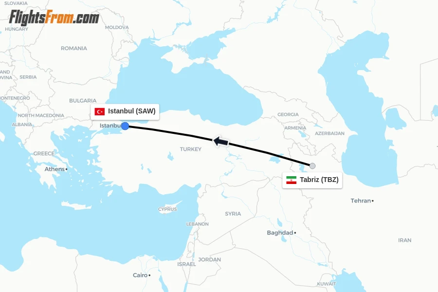 Flights from Tabriz to Istanbul route map