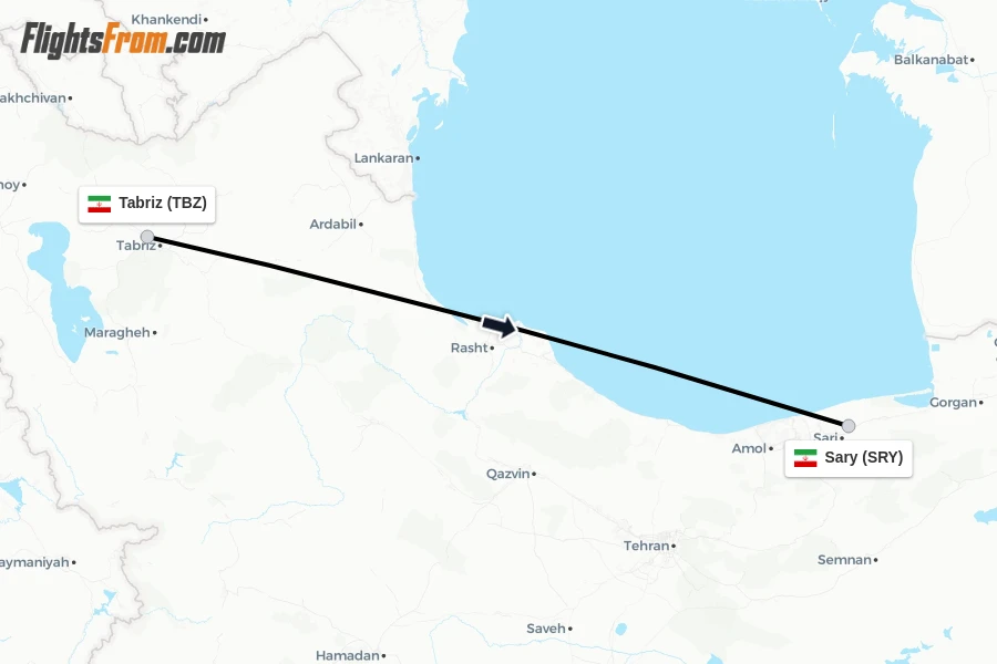 Flights from Tabriz to Sary route map