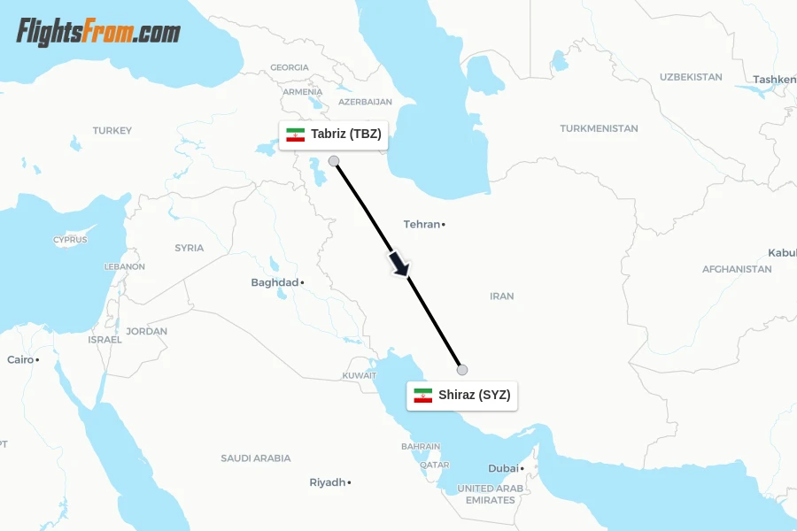 Flights from Tabriz to Shiraz route map