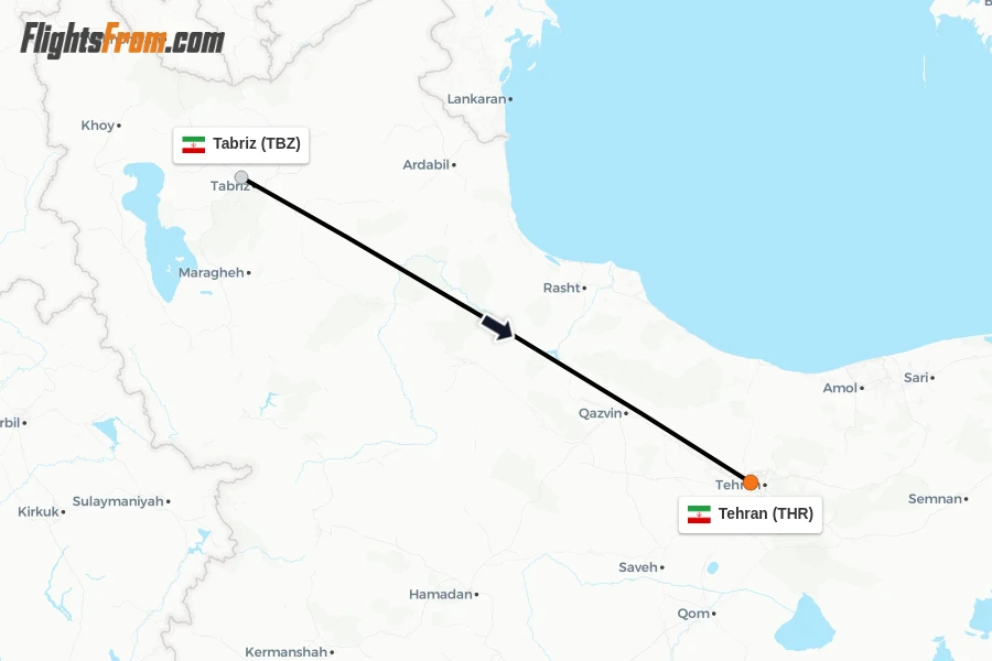 Flights from Tabriz to Tehran route map