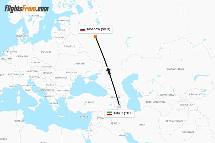 Flights from Tabriz to Moscow route map