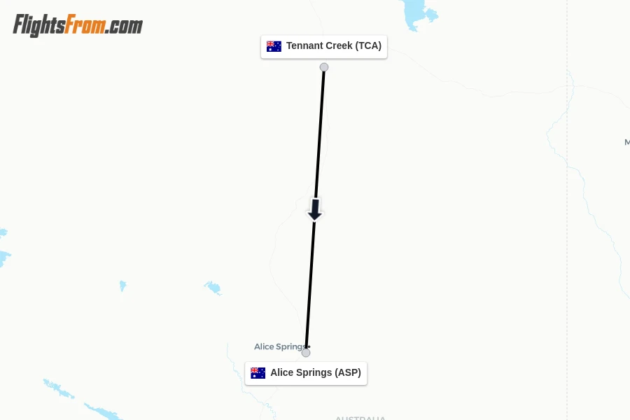 Flights from Tennant Creek to Alice Springs route map