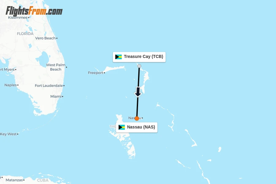 Flights from Treasure Cay to Nassau route map