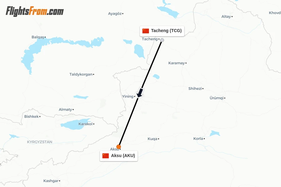 Flights from Tacheng to Aksu route map