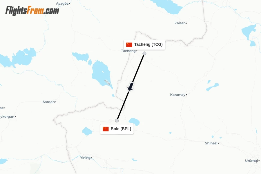 Flights from Tacheng to Bole route map