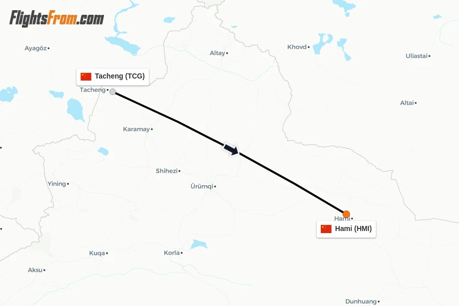Flights from Tacheng to Hami route map