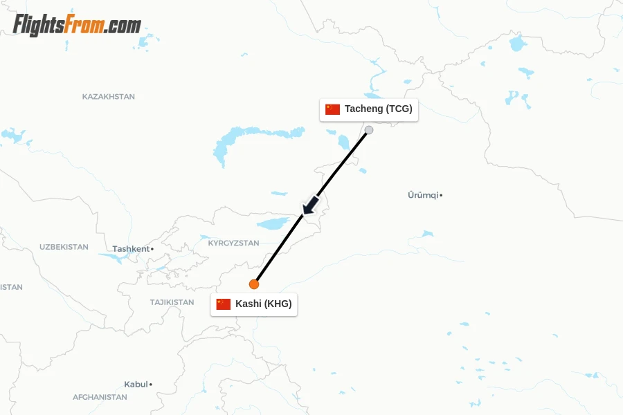 Flights from Tacheng to Kashi route map