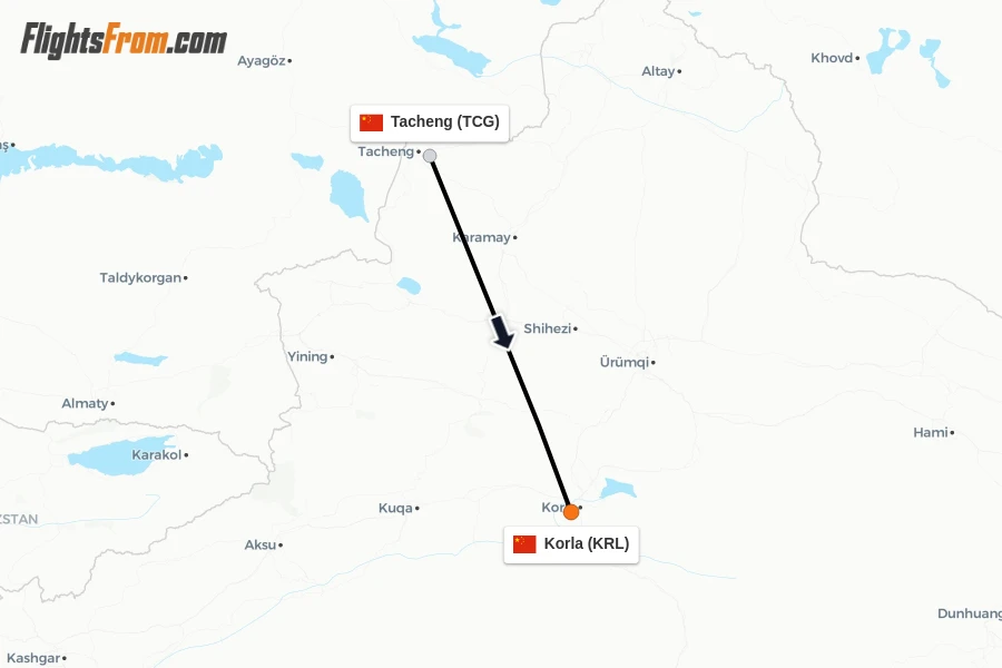 Flights from Tacheng to Korla route map