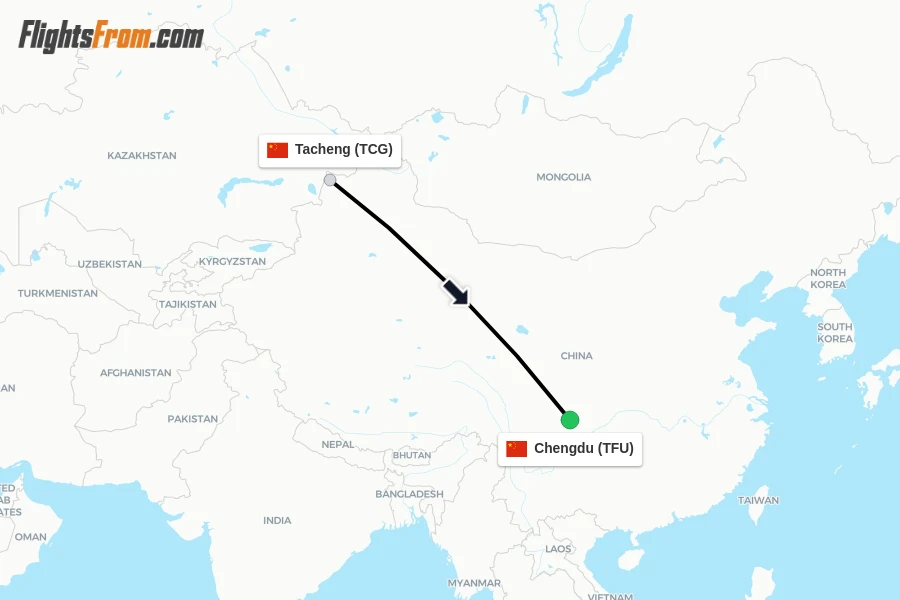 Flights from Tacheng to Chengdu route map