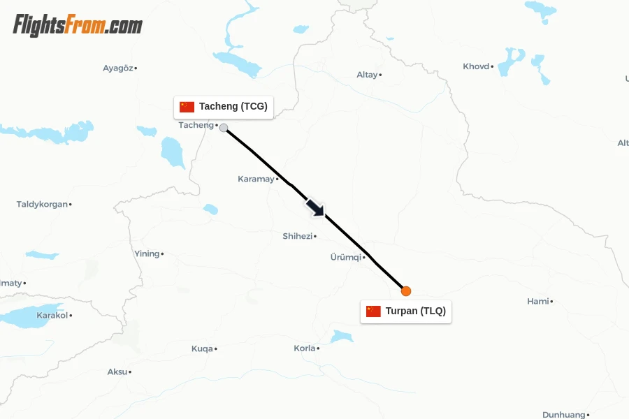 Flights from Tacheng to Turpan route map