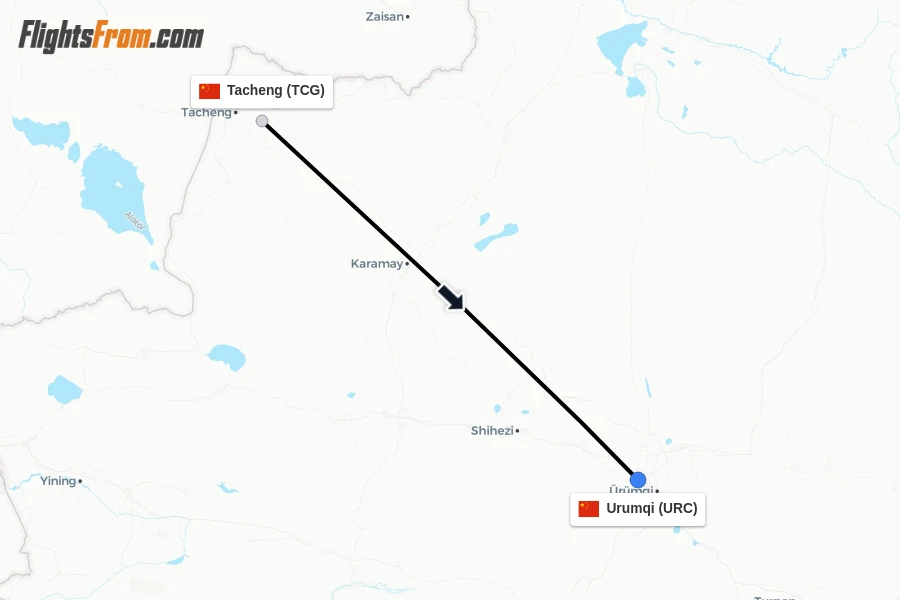 Flights from Tacheng to Urumqi route map