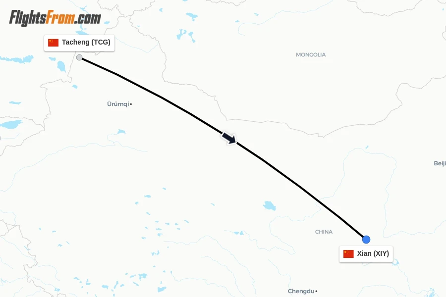 Flights from Tacheng to Xian route map